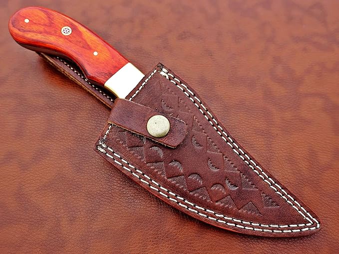 9.5" Long Full Tang Blade Skinning Knife, Rain Drop Pattern Straight Back Hand Forged Damascus Steel, Walnut Wood Scale with Brass Bolster, Cow Leather Sheath (Red)