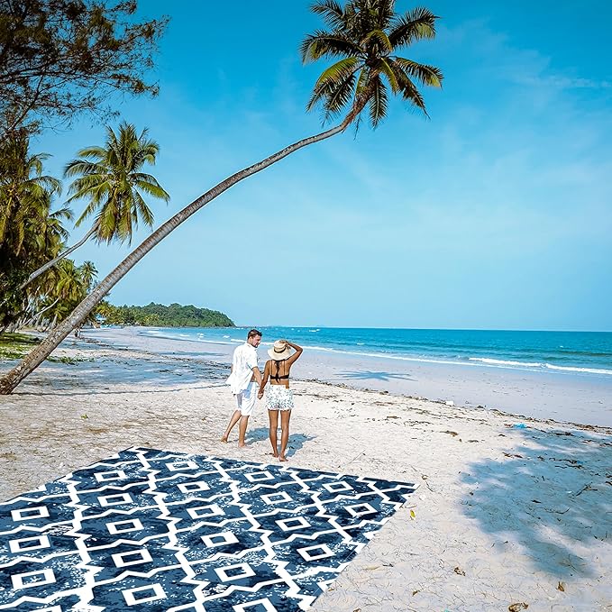 Beach Blanket Sandproof Waterproof, Large 78"×86" Boho Moroccan Beach Mat Fits Up to 4 Adult, Sand Free Quick Dry Outdoor Picnic Blanket with Stakes for Travel, Camping, Hiking