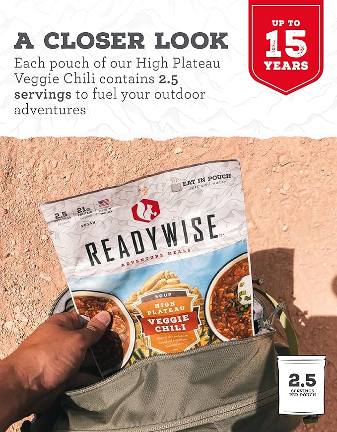 READYWISE - Adventure Meal, Veggie Chili Soup, 2 Servings, Pack of 1, Emergency Preparedness, Freeze Dried Food, MRE, Snack Pack or Emergency Food, Backpacking, Camping, Hiking, and, Survival Food