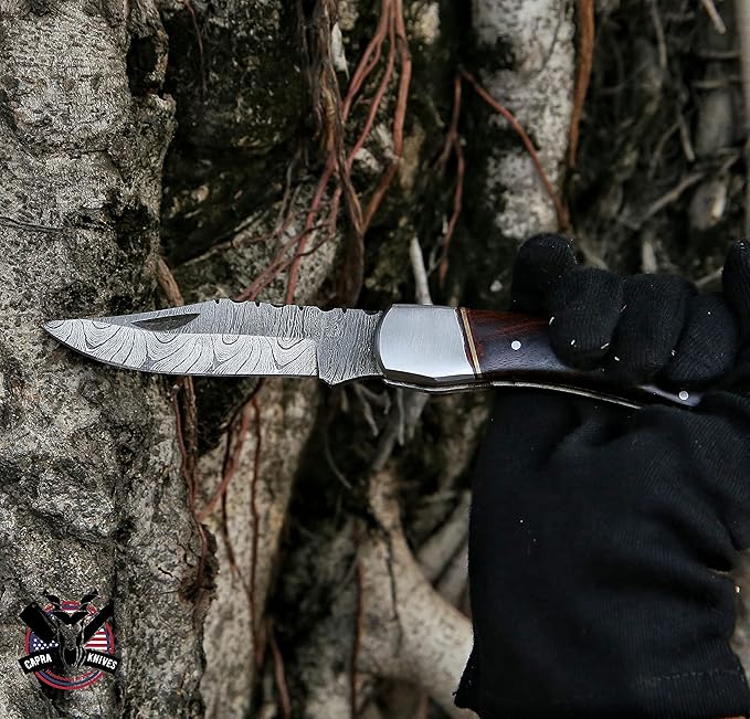 Capra Knives CK-42 Handcrafted Folding Pocket Knife 5” Folded, 9” Long Overall, 8oz Rose Wood Handle, Damascus Blade with Leather Sheath