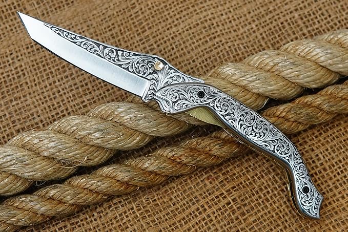 GLADIUS CRAFTS" Exquisite 9-inch Hand-Crafted Folding Knife - 3.5-inch D2 Steel Blade with 4.5-inch Hand-Engraved Stainless Steel Handle - Ideal for Collection, EDC Tool, or any other Practical Use - An Exceptional Gift