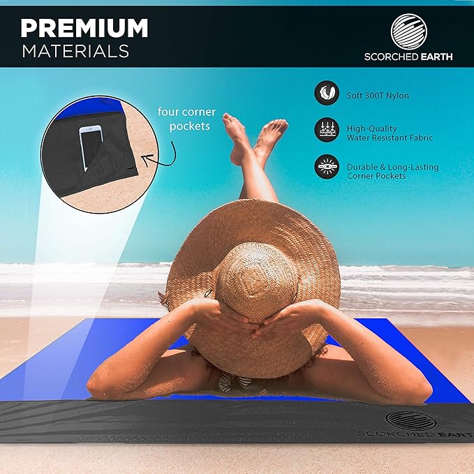 Pocket Blanket for Beach, Travel, Outdoor, Camping, Hiking, Picnic, Festival, Sports - Water Resistant, Compact, Durable Tarp, Corner Pockets, Bag, Built in Stakes (Royal Blue, 60x55)