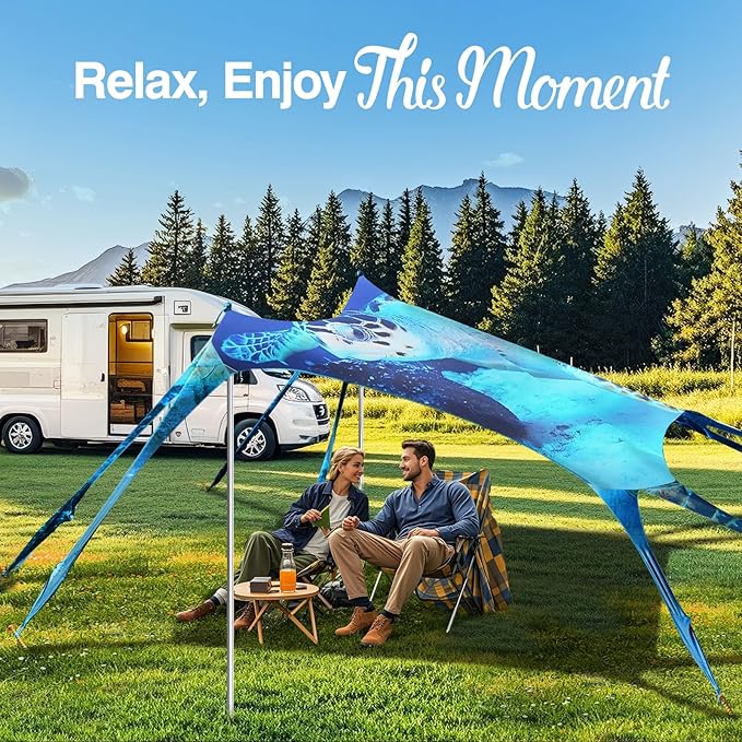 Rhino Valley Beach Tent Sun Shelter, Beach Canopy Tent Sun Shade UPF50+ Protection with 8 Sandbags 4 Stability Poles, Outdoor Beach Shade Canopy for Beach, Camping, Fishing
