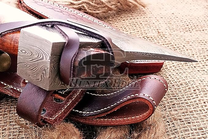 HUNTEX Unique Custom Hand-Forged Twist Pattern Damascus Steel 21 Inch Long Walnut Wood Leather Wrapped Handle Full Tang Razor Sharp Hunting Camping Hiking Godzilla Axe with Genuine Leather Sheath