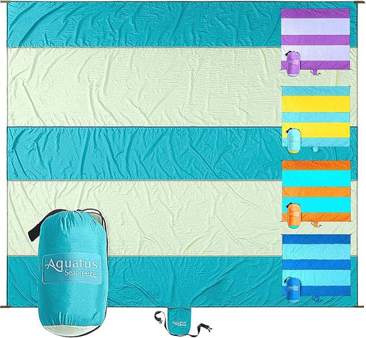 Premium XXL Beach Blanket Sandproof Water Resistant Quick Dry Mat 10ft by 9ft for 1-8 Adults with 4 Metal Stakes, 4 Corner Pockets, Secure Clip and Strap, and Attached Bag