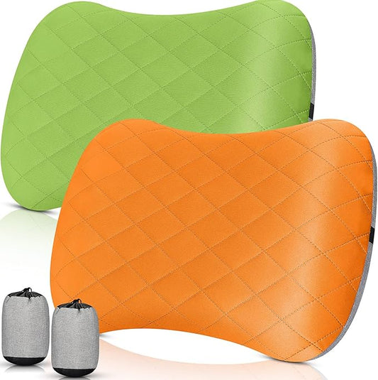 2 Pack Camping Pillow Inflatable Travel Pillow with Removable Cover Backpacking Pillow Blow up Pillow Neck Air Pillow Compressible for Lumbar Support Travel Hiking (Orange,Green)