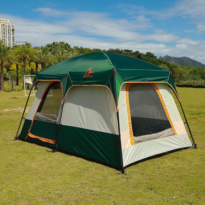 KTT Large Tent 6-8 Person,Family Cabin Tents,Straight Wall,3 Doors and 3 Windows with Mesh,Waterproof,Big Tent for Outdoor,Picnic,Camping,Family,Friends Gathering.……