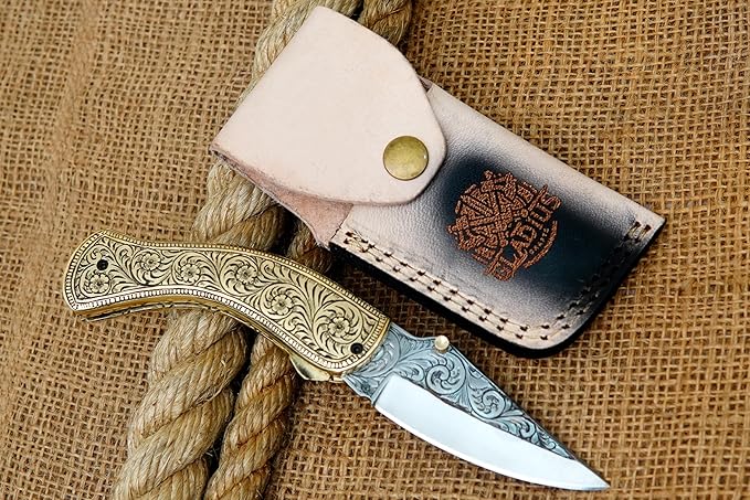 GLADIUS CRAFTS" Exquisite 7.5-inch Hand-Crafted Folding Knife - 3.5-inch D2 Steel Blade with 4-inch Hand-Engraved Brass Handle - Ideal for Collection, EDC Tool, or any other Practical Use - An Extraordinary Gift