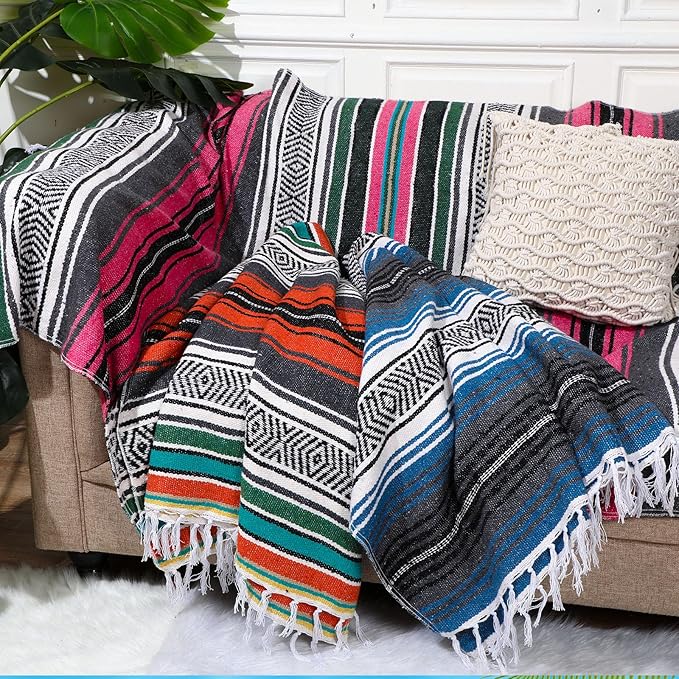 Oudain Mexican Blankets and Throws 45 x 70 Inch, Cotton Outdoor Camping Blanket Woven Serape Yoga Blanket Fiesta Picnic Beach Blankets(Exquisite Color, 3 Pack)