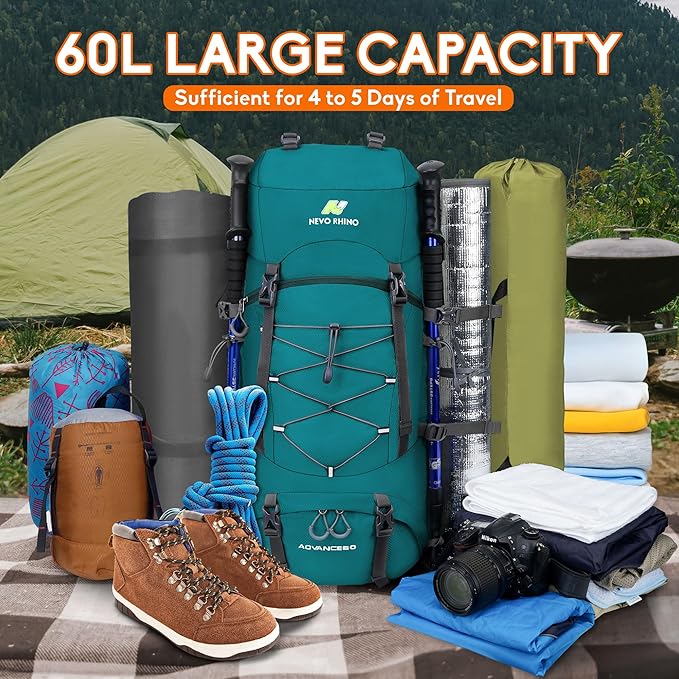 N NEVO RHINO Waterproof Hiking Backpack 50L/60L, Camping Backpack with Rain Cover, Hiking Travel Mountaineering Backpack