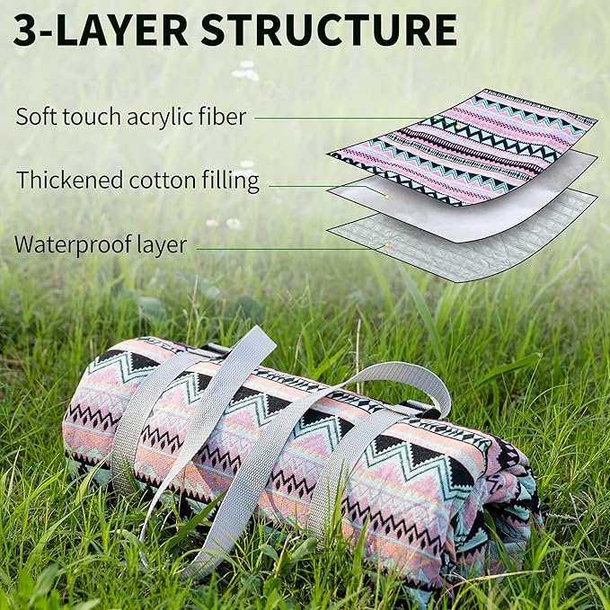 Picnic Blankets, Waterproof & Sandproof Picnic Blanket 3 Layers Thickened for Water-Resistant Handy Mat, 79" x 57" Cotton Camping Blankets for Beach, Camping, Park, Travel, Grass (Pink)