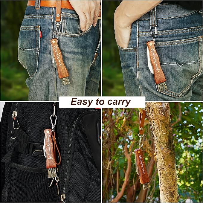 Professional Folding Mushroom Knife with Brush + Removable Leather Strap Wood Handle Foraging Knife for Fungus Truffles Handy Pocket Knife (Large)