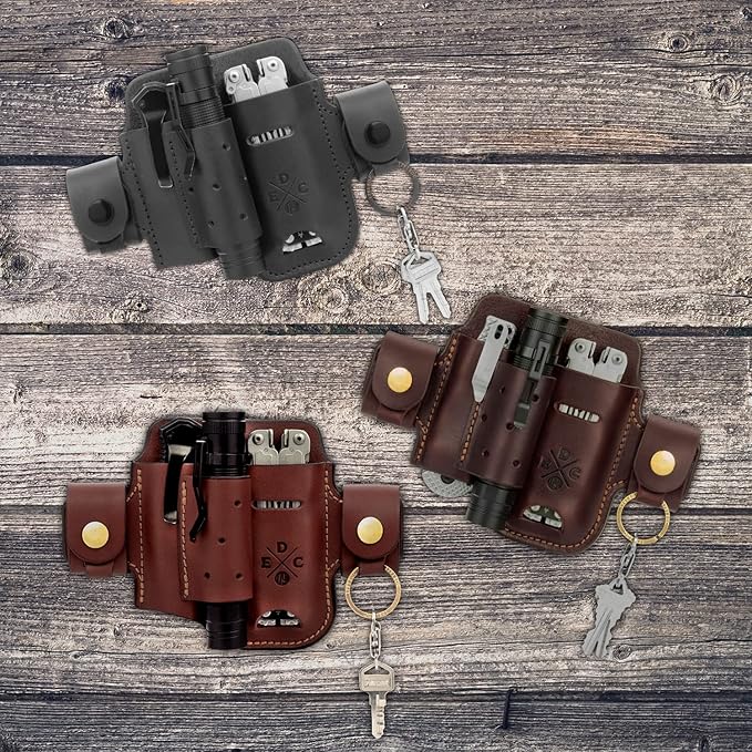 Multitool & Flashlight Holster, Leather EDC Organizer Belt Pouch Fits Multitool, Knife, Flashlight, Keys - Compatible with Heavy Duty Leatherman, Gerber, SOG Multitools