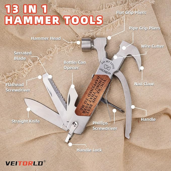 Gifts for Men Him, Anniversary Birthday Gifts for Him Boyfriend Husband, All in One Survival Tools Small Hammer Multitool with Engraved Wooden Box, Cool Gadgets Camping Hunting Present