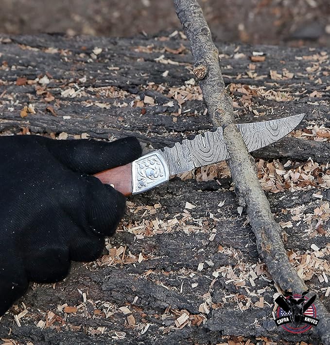 Capra Knives CK-52 Handcrafted Folding Engraved Brass Pocket Knife 4” Folded, 7.25” Long Overall, 4.5oz Olive Wood Handle, Damascus Blade with Leather Sheath
