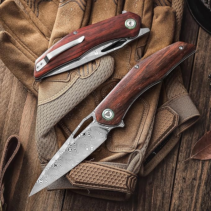 Folding Pocket Knife for Men With Clip, Front Flipper EDC Knife for Best Outdoor Camping Hiking Work Utility Knives,3.62''Damascus Steel Blade &Rosewood Handle &Ti Ring.Taurus-01r