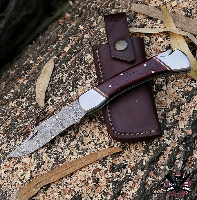 Capra Knives CK-41 Handcrafted Folding Pocket Knife 5” Folded, 9” Long Overall, 8oz Padauk Wood Handle, Damascus Blade with Leather Sheath