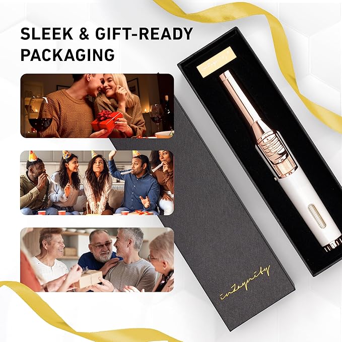 Pen Torch Lighter - Refillable Single Flame Butane Torch Lighter for Candle, & Cooking w/Adjustable Flame & Ignition Lock - Luxurious Handheld Camping Lighter & Gift Box by inZaynity - White & Gold