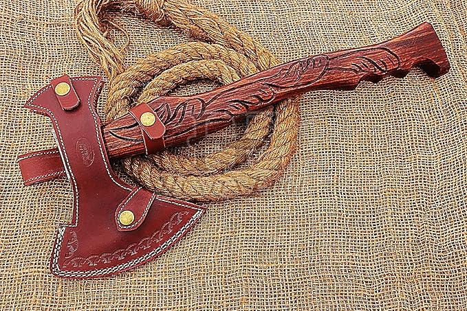 HUNTEX Custom Handmade Hand-Forged Twist Pattern Damascus Steel 19.5 Inch Long Hand-Engraved Walnut Wood Handle Razor Sharp Camping Wood Splitter Twin Blade Axe w/Genuine Leather Sheath