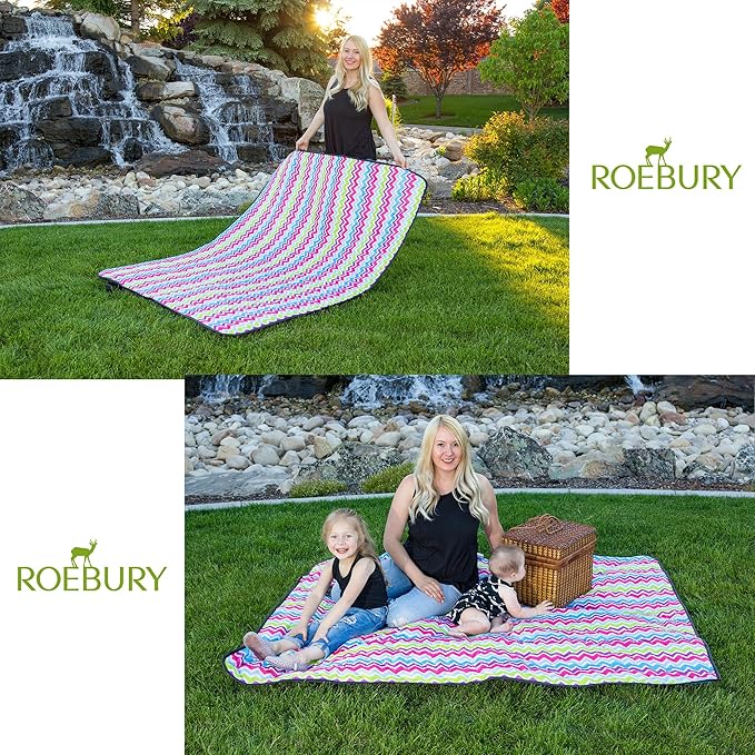 Beach Blanket Sand Proof & Outdoor Picnic Blanket - Water Resistant, Large Mat for Camping or Travel. Washable, Foldable, Easy Carry Compact Tote Bag Stripes (Red/White/Blue)