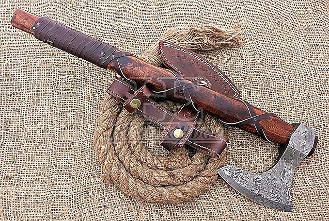 HUNTEX Unique Custom Hand-Forged Twist Pattern Damascus Steel 21 Inch Long Walnut Wood Leather Wrapped Handle Full Tang Razor Sharp Hunting Camping Hiking Godzilla Axe with Genuine Leather Sheath