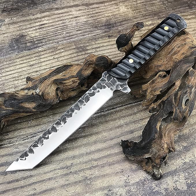 HUAAO 11.6’’ Fixed Blade Knife with Sheath, Japanese Knife with Ebony Handle, Katana Tanto Knife for Hunting Camping Survival (Tanto Point Blade)