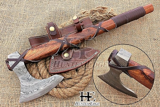HUNTEX Unique Custom Hand-Forged Twist Pattern Damascus Steel 21 Inch Long Walnut Wood Leather Wrapped Handle Full Tang Razor Sharp Hunting Camping Hiking Godzilla Axe with Genuine Leather Sheath