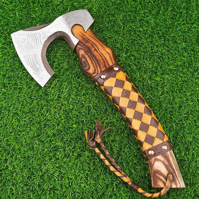 H&A CRAFTS® Viking Axe The Ragnar Lothbrok Real, and Custom Crafted with Leather Sheath Carbon Steel Camping Hatchet Personalized Gifts for Men (Odin's Viking Axe Small)