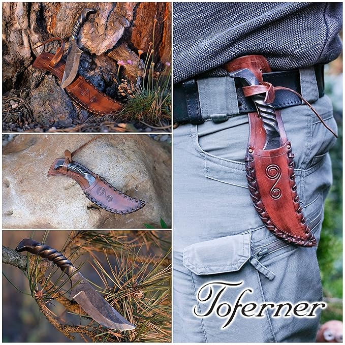 Toferner Hand Forged Knife Wolf Claw with Sheath, Vintage Knife for Antique Collection, Genuine Leather Case, Hardened Blade, Hand Made Craft, Gift Idea for Men
