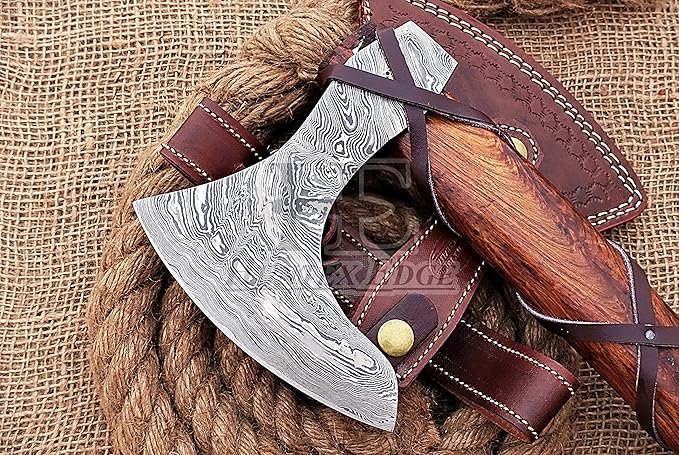 HUNTEX Unique Custom Hand-Forged Twist Pattern Damascus Steel 21 Inch Long Walnut Wood Leather Wrapped Handle Full Tang Razor Sharp Hunting Camping Hiking Godzilla Axe with Genuine Leather Sheath