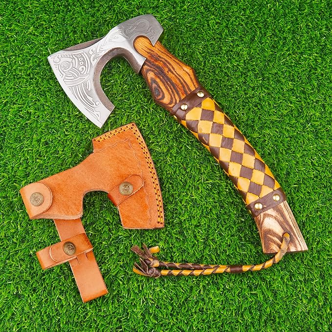 H&A CRAFTS® Viking Axe The Ragnar Lothbrok Real, and Custom Crafted with Leather Sheath Carbon Steel Camping Hatchet Personalized Gifts for Men (Odin's Viking Axe Small)