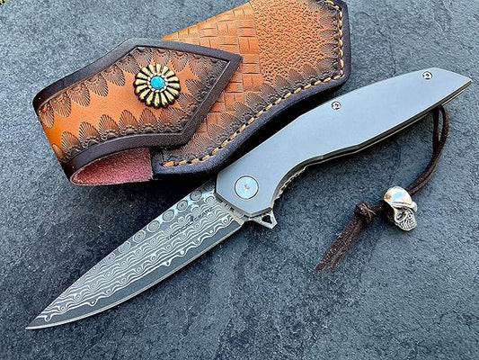 TACTICAL GEARZ Damascus Pocket Knife! Tc4 Titanium Handle! 67 Multi Layered Damascus Steel Blade w/VG10 Core! (Volan XT Beast Bundle)