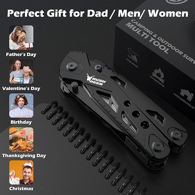 Multitool Knife Camping Survival Knife Unique Gifts for Men Dad Husband 16 in 1 Pocket Multitools Knife Pliers Screwdrivers Bottle Opener, Multi Tool Gadgets with Safety Lock Nylon Sheath
