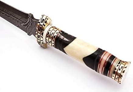 NBGRLVS Damascus Beautiful Steel Dagger Knife - Camel Bone Handle - Sharp Edge Fix Blade - Genuine Multipurpose Knife 12.5” Handmade Premium Quality - Bull Horn with Brass Spacer Ideal for Outdoor