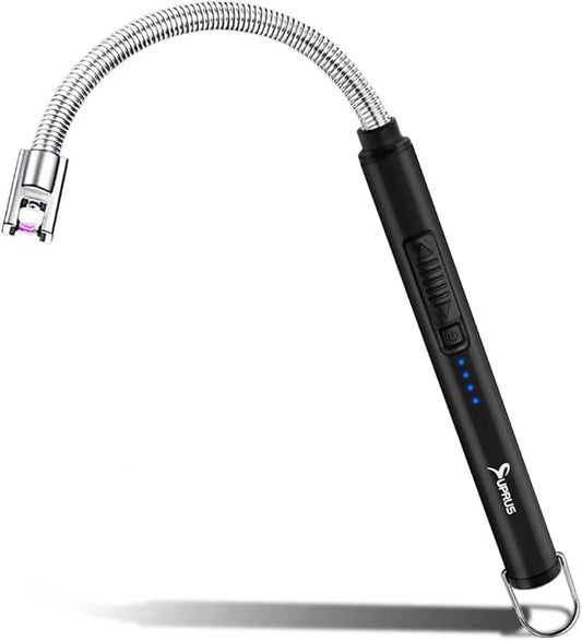 SUPRUS Electric Lighter Candle Lighter USB Type C Rechargeable Lighter Steel Shell & Hanging Hook with 360° Flexible Neck(Black)