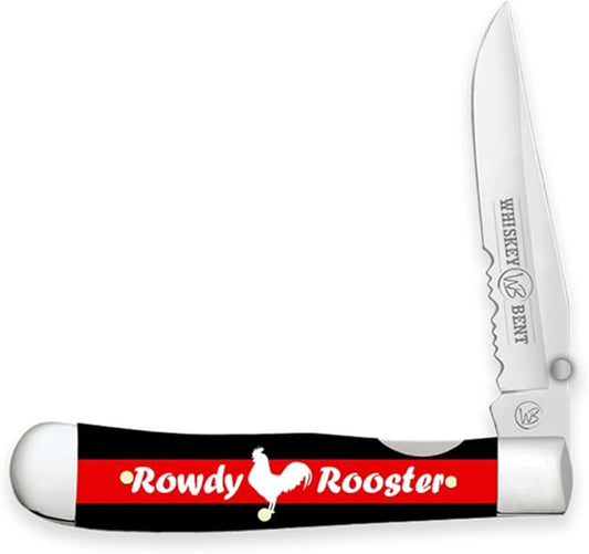 WHISKEY BENT HAT CO. Locking Trapper Folding Pocket Knife 4.125" Closed Length 440C Stainless Steel Blades (Rowdy Rooster - Serrated)