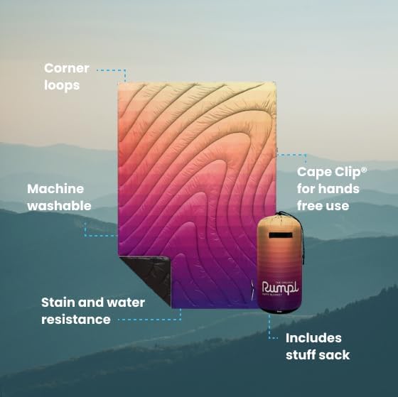 Rumpl Original Puffy Blanket - Warm Puffy Camping Blanket, 100% Recycled Polyester Insulation, Lightweight, Packable, Water-Resistant, Outdoor Puffer Blanket, 52"x75", Dawn Pixel Fade