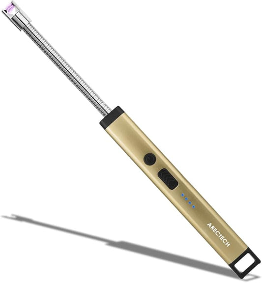 ARECTECH Lighter Candle Lighter Electric Lighter Rechargeable USB Arc Lighters for Candle Camping Cooking Fireworks Christmas Birthday Gifts with LED Light for Men Women Gold