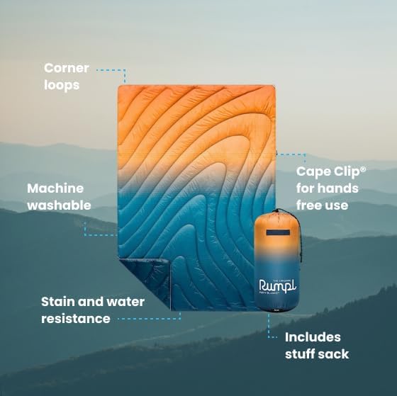 Rumpl Original Puffy Blanket - Warm Puffy Camping Blanket, 100% Recycled Polyester Insulation, Lightweight, Packable, Water-Resistant, Outdoor Puffer Blanket, 52"x75", Sunset Fade