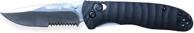 WHISKEY BENT HAT CO. Catch Pin Lock Folding Pocket Knife w/Clip Drop Point Blade Thumbstud Opening 440C Stainless Steel (Raven - Serrated, 3.75" - Closed Length)