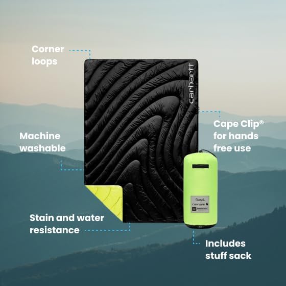 Rumpl Original Puffy Blanket - Warm Puffy Camping Blanket, 100% Recycled Polyester Insulation, Lightweight, Packable, Water-Resistant, Outdoor Puffer Blanket, 52"x75", Black/Lime
