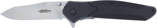 JKR Bearing assisted opening knife, 4.52 in. black fiber handle and 3.34 in. satin-finished blade, includes belt clip, total length 7.87 in., PRO10002 tool for fishing, hunting, camping and hiking