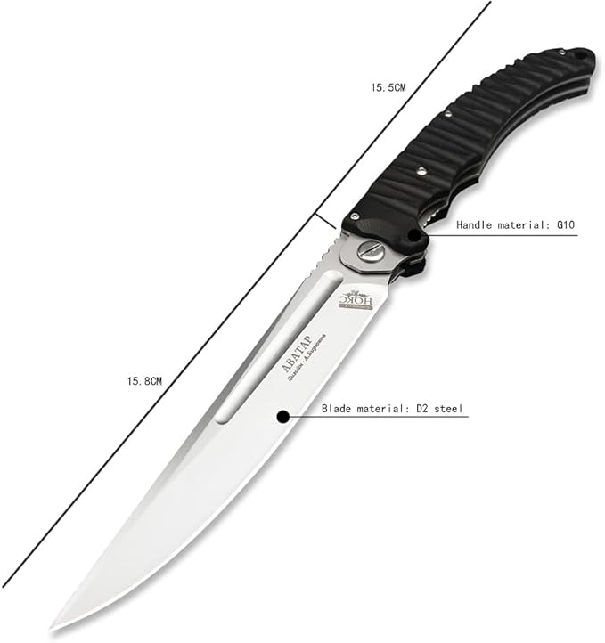 HUAAO 12 INCH Russian Avatar Folding Knife for Men,D2 Blade Black G10 Handles Tactical Survival Gear Saber Knives,Safety Liner Lock,Flipper Assisted Outdoor Camping Tool (White blade)