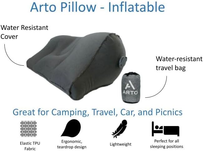 Arto Pillow- Inflatable- Ergonomic, lightweight, water-resistant, and durable Neck support for all sleeping positions. Perfect for camping, hiking, backpacking, and travel.
