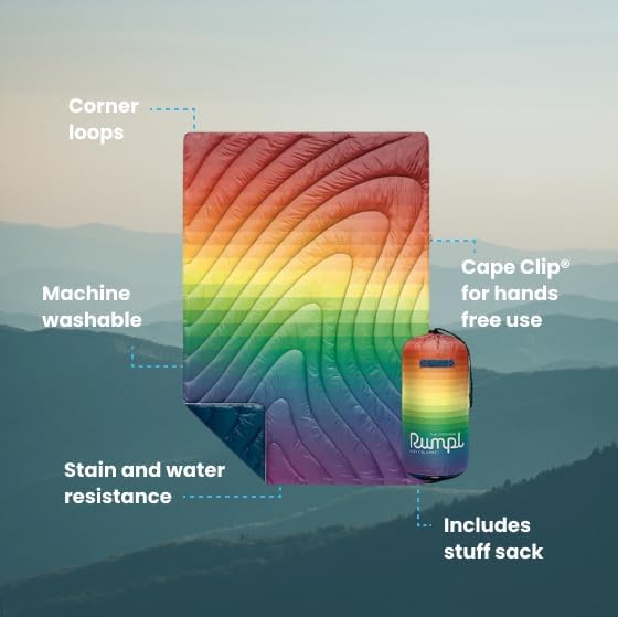 Rumpl Original Puffy Blanket - Warm Puffy Camping Blanket, 100% Recycled Polyester Insulation, Lightweight, Packable, Water-Resistant, Outdoor Puffer Blanket, 52"x75", Rainbow Fade