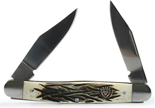 ARIAT Large 2 Smooth Blade 4" Burnished Natural Bone Handle Muskrat Folding Knife