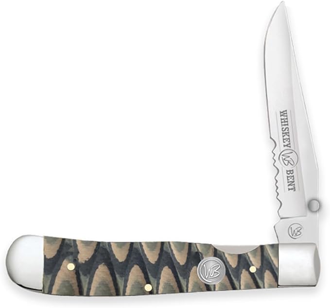 WHISKEY BENT HAT CO. Locking Trapper Folding Pocket Knife 4.125" Closed Length 440C Stainless Steel Blades (Brown Fang - Serrated)