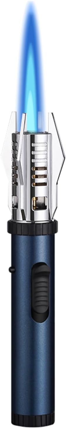 Torch Lighter, Camping Outdoor Windproof Straight Flame Lighter, Refillable Butane Lighter With Safety Lock And Adjustable Flame Size, For Outdoor BBQ Camping Kitchen Cooking (Blue)