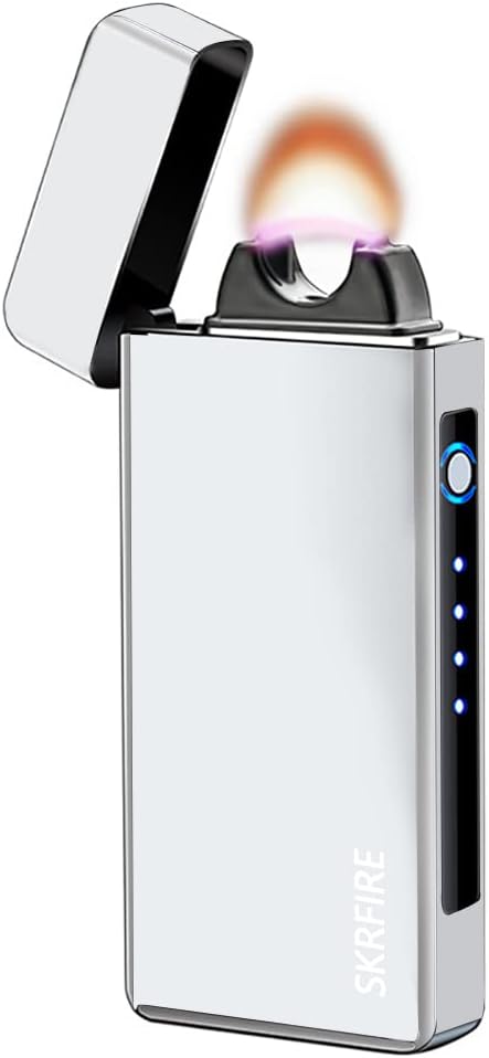 SKRFIRE Electric Lighters Candle Lighter Rechargeable USB Lighter Plasma Arc Big Flame Lighter with LED Battery Indication for Ignition, Candle, Incense, BBQ (Silver)