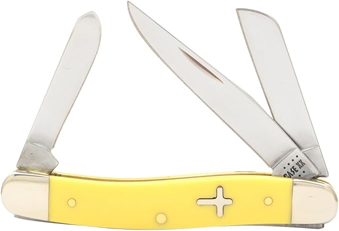 Case XX WR POCKET KNIFE, YELLOW SYNTHETIC CROSS SHIELD MEDIUM STOCKMAN, 3 5/8 INCHES CLOSED, ITEM #22941